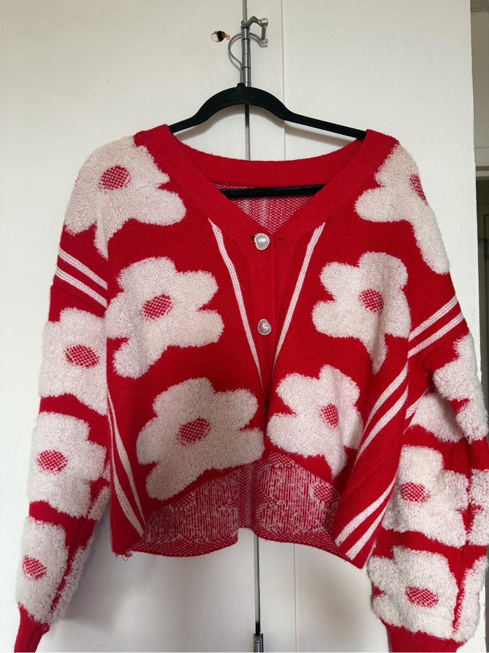 Red Floral V-Neck Buttoned Cardigan Sweater